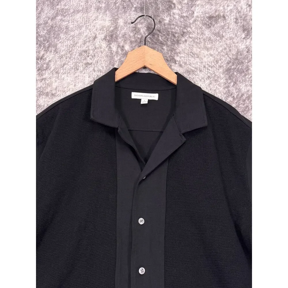 Banana Republic Shirt Large Mens Black Cotton Jacquard Resort Camp Cuban Collar